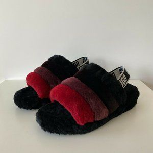 UGG FLUFF YEAH SLIDES BLACK MULTI Faux Fur SLIPPER SANDALS US 9/ EUR 40